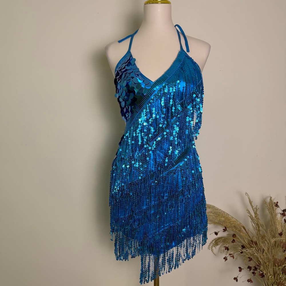 Metallic Turquoise Blue Sequined Fringe Dance Mini Dress Medium